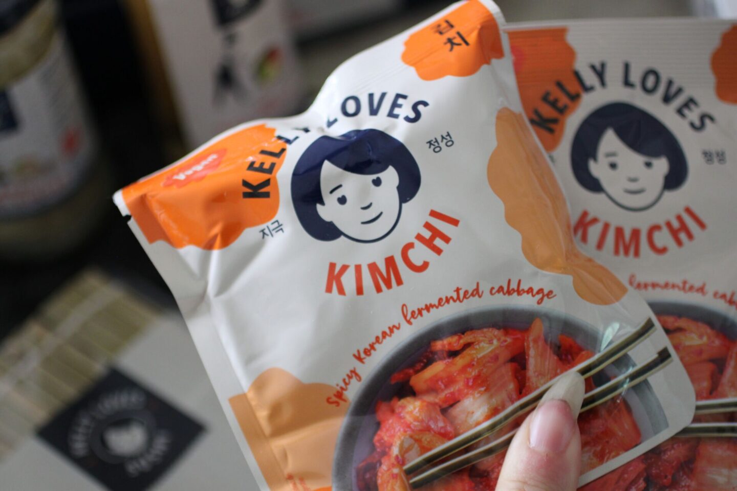 two packets of Kelly Loves Sushi kimchi