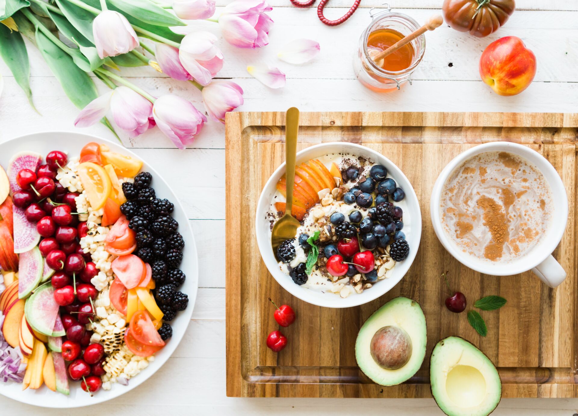 tray of breakfast foods on a white table