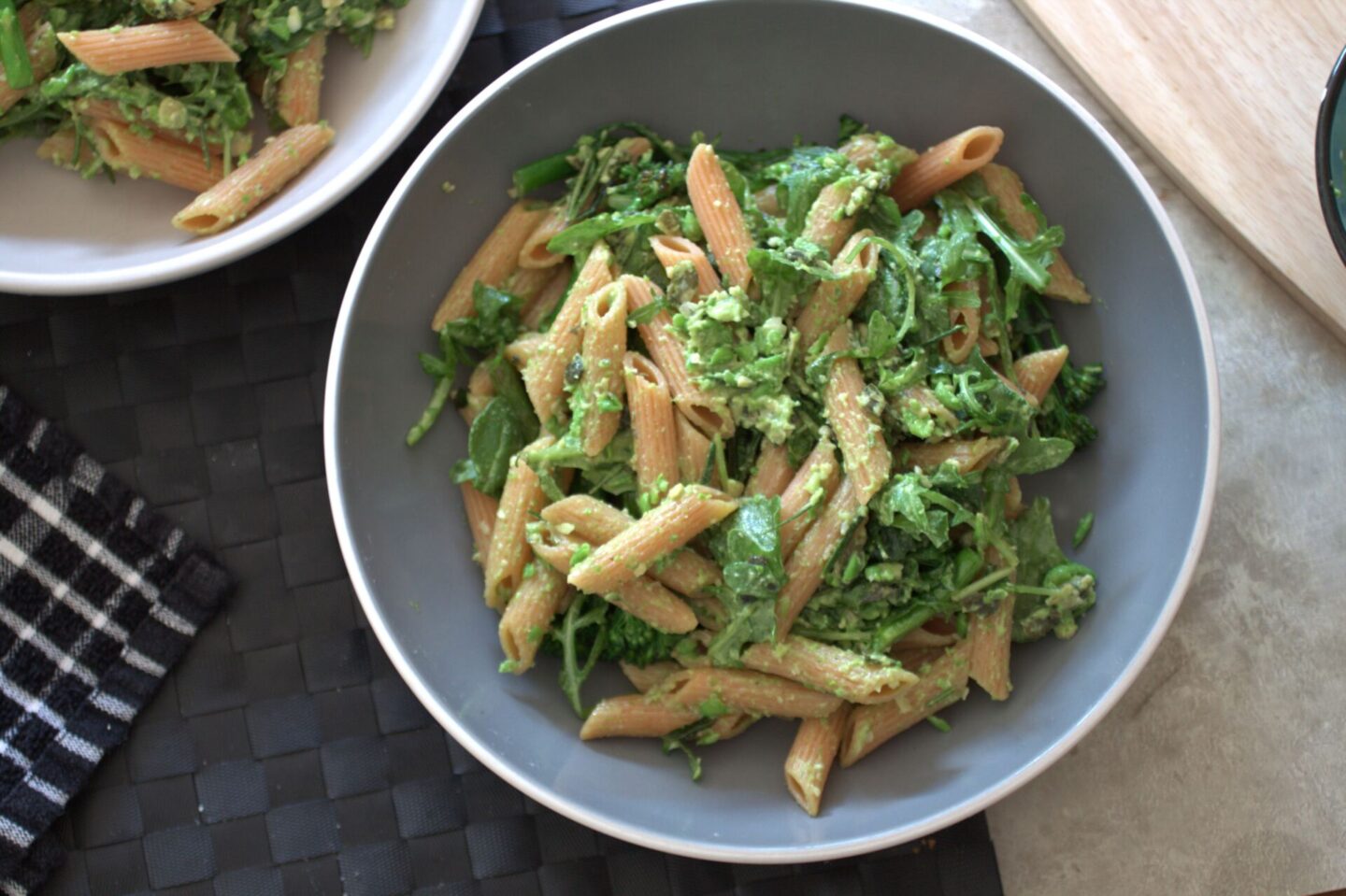 bowl of pea and rosemary pesto on pasta