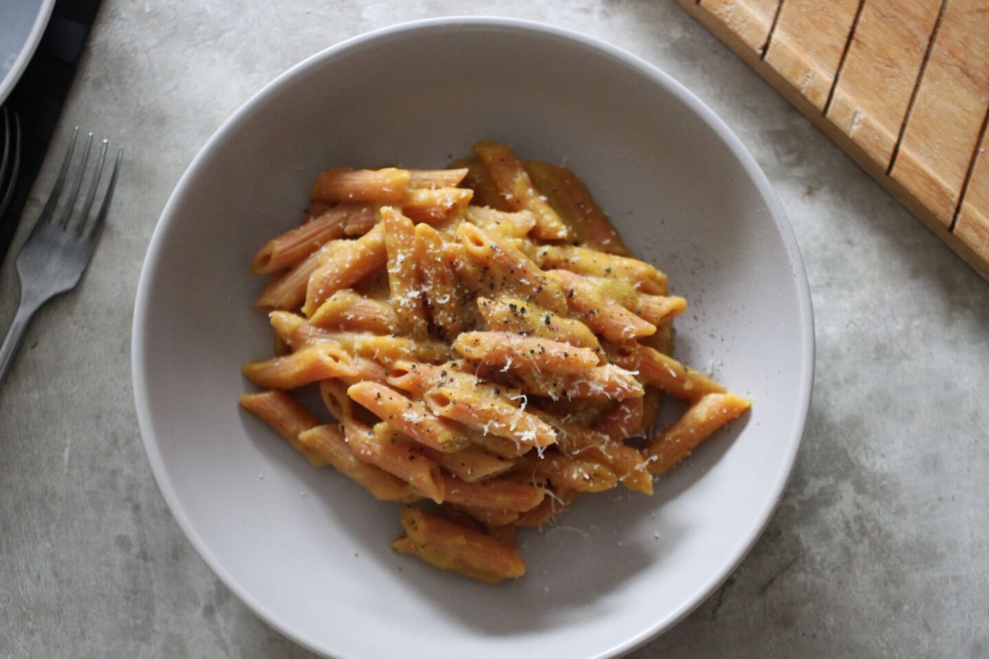 bowl of pumpkin pasta, shot from above
