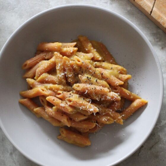 bowl of pumpkin pasta, shot from above