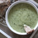 bowl of kale and celeriac soup, shot from above