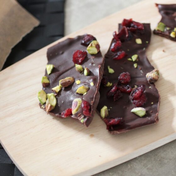 Festive bark on a wooden tray