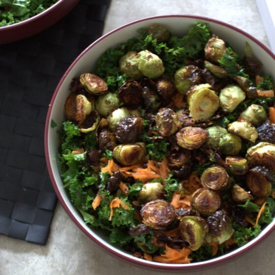 bowl of winter vegetable salad in a large pasta bowl placed on a dining table