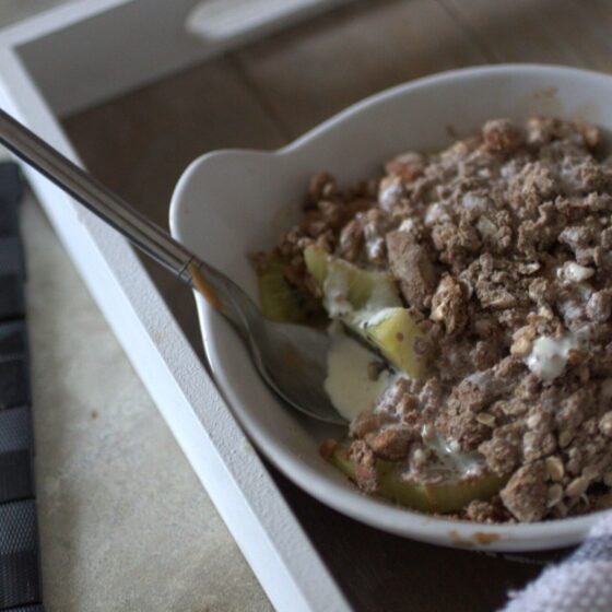 High Protein Breakfast Crumble Recipe with a spoon in the dish