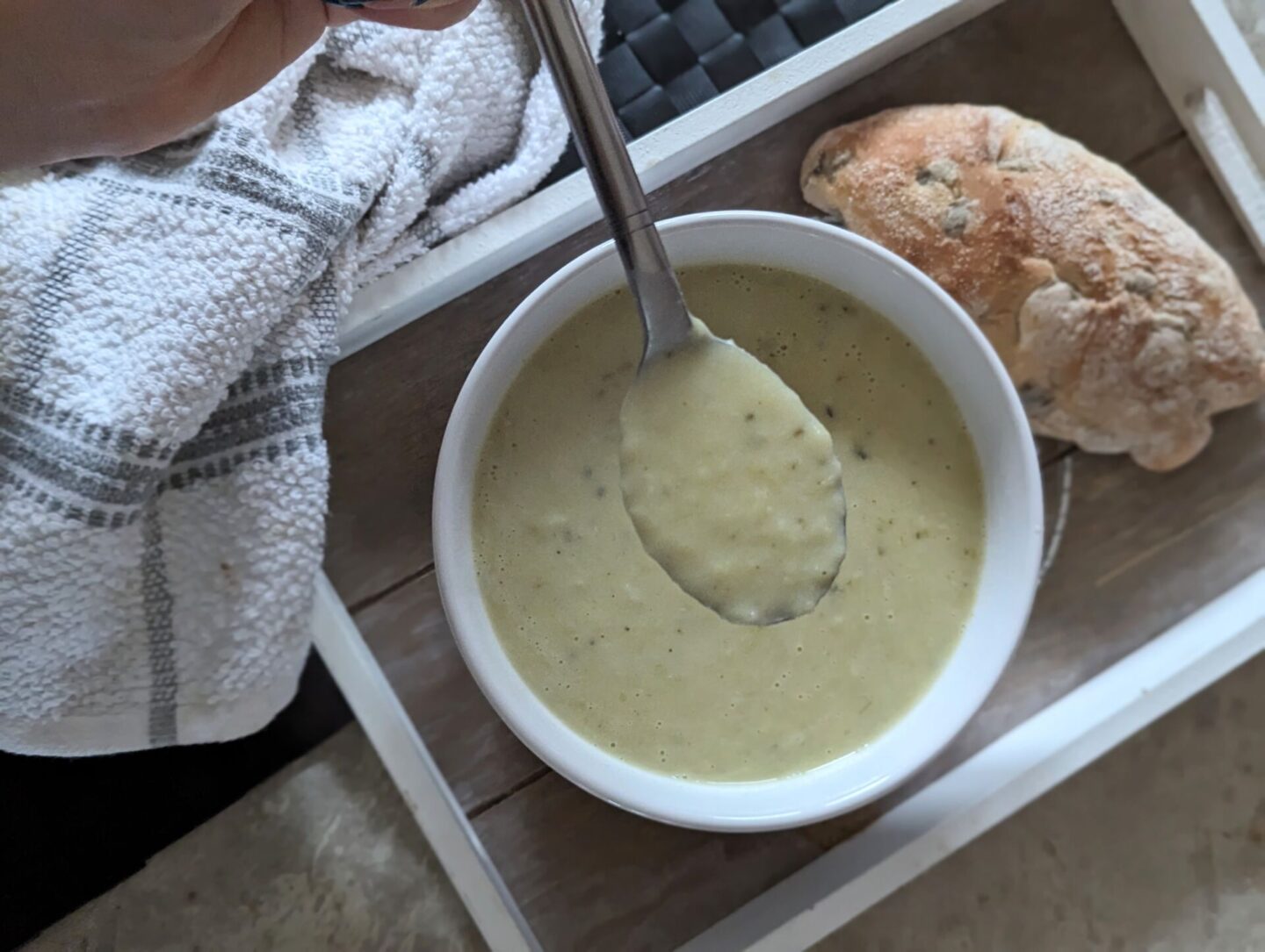 spoon of leek soup showing texture