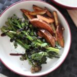 roasted greens with lemon basil yoghurt served with potato wedges