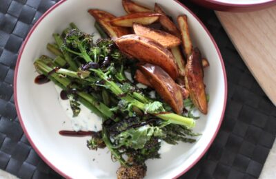 roasted greens with lemon basil yoghurt served with potato wedges