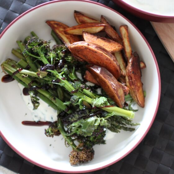 roasted greens with lemon basil yoghurt served with potato wedges