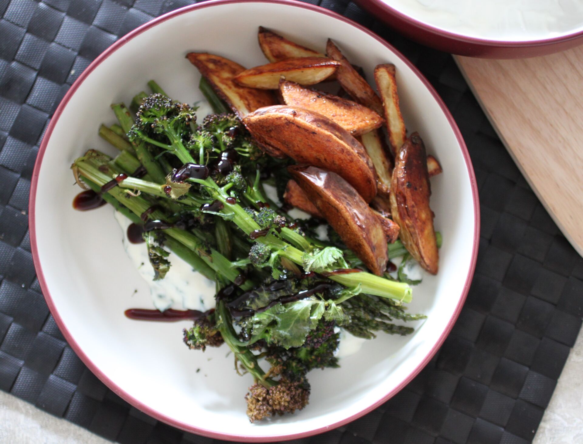 roasted greens with lemon basil yoghurt served with potato wedges