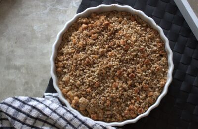 vegan apple tart in a dish, shot from above