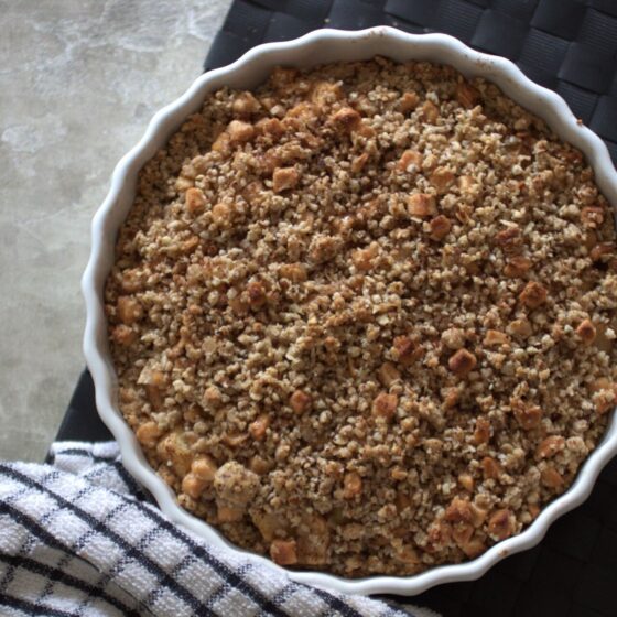 vegan apple tart in a dish, shot from above