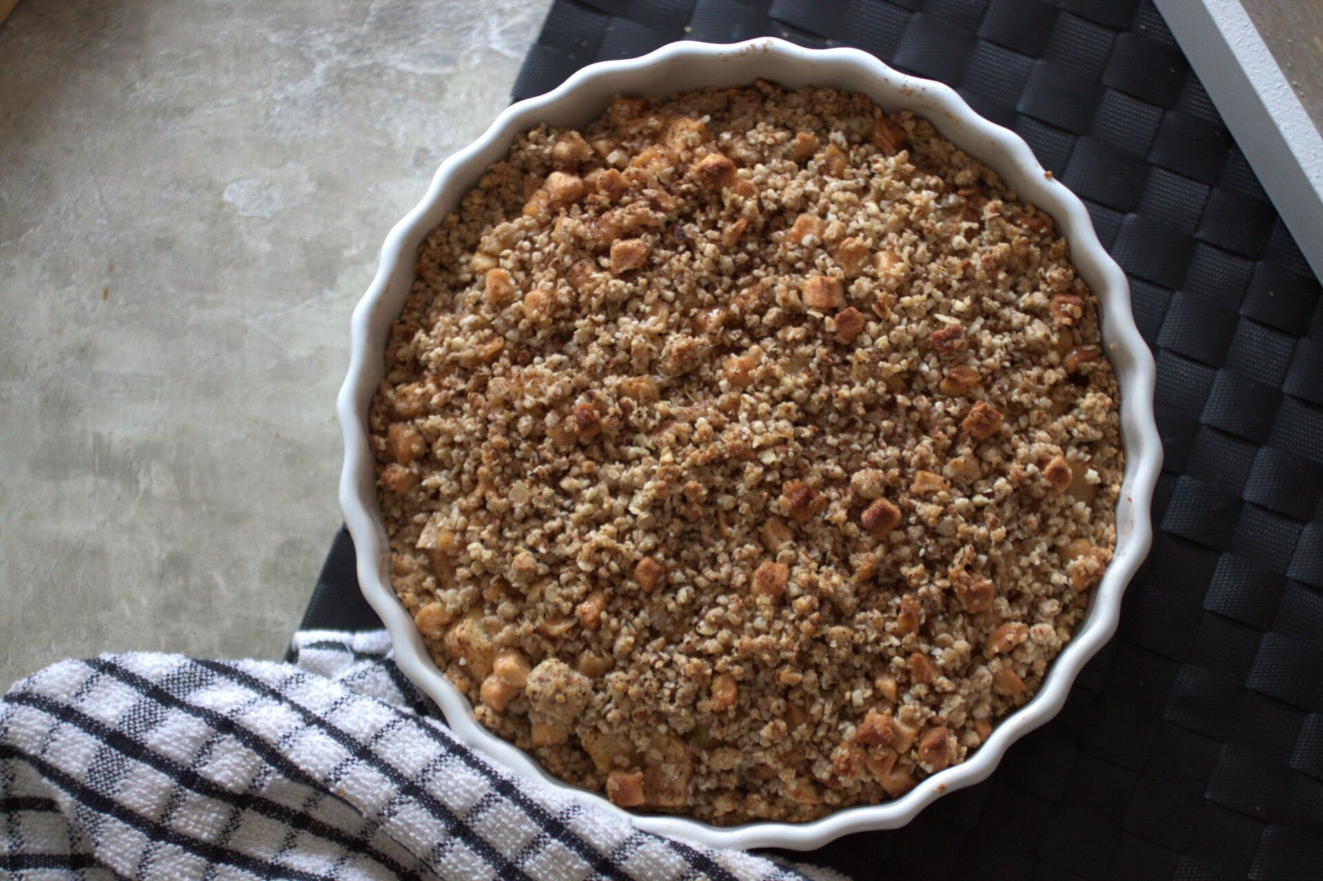 vegan apple tart in a dish, shot from above