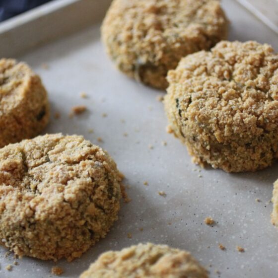 tray of freshly cooked olive & basil potato cakes