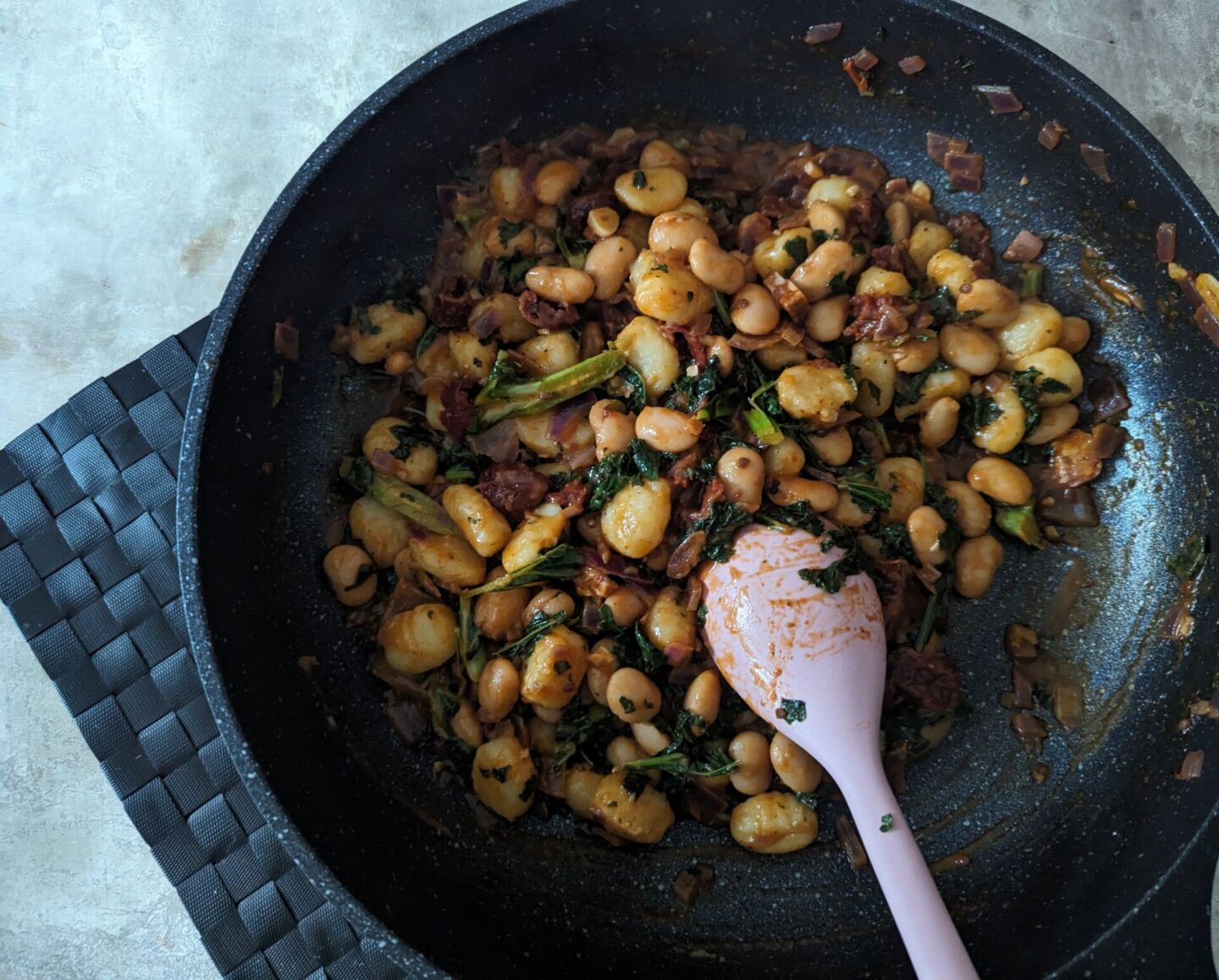 Pan of Tuscan Bean Gnocchi on a table