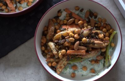 Vegan Tzatziki Bowl on a table shot from above