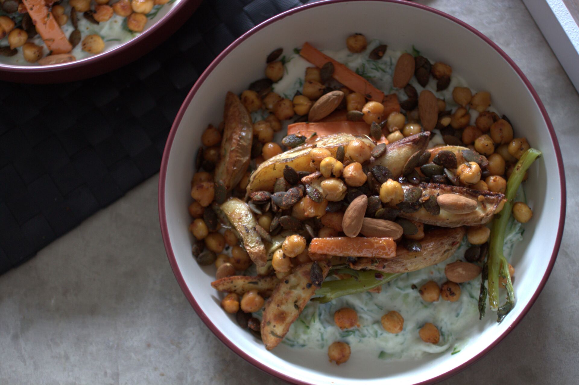 Vegan Tzatziki Bowl on a table shot from above