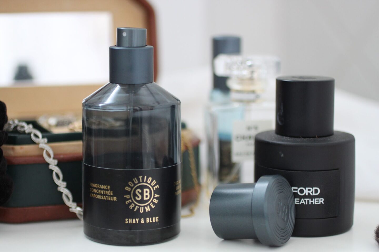 bottles of perfume on a vanity