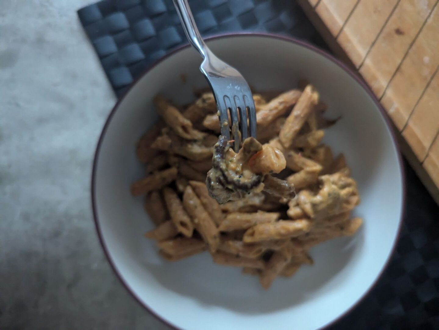 courgette wild mushroom pasta on a fork