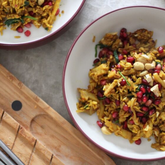 Bowl of parsnip pilaf, shot from above