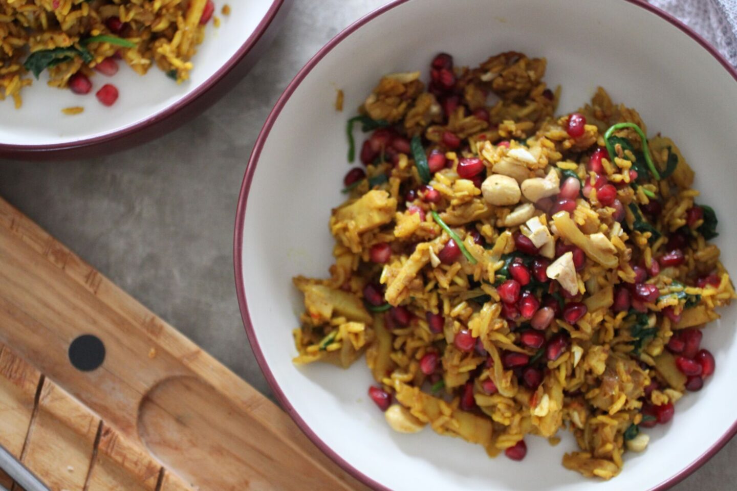 bowl of parsnip pilaf, close up, shot from above