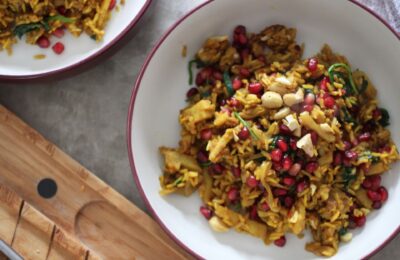 bowl of parsnip pilaf, close up, shot from above
