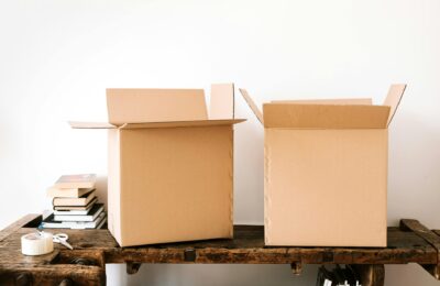 moving boxes on a side table