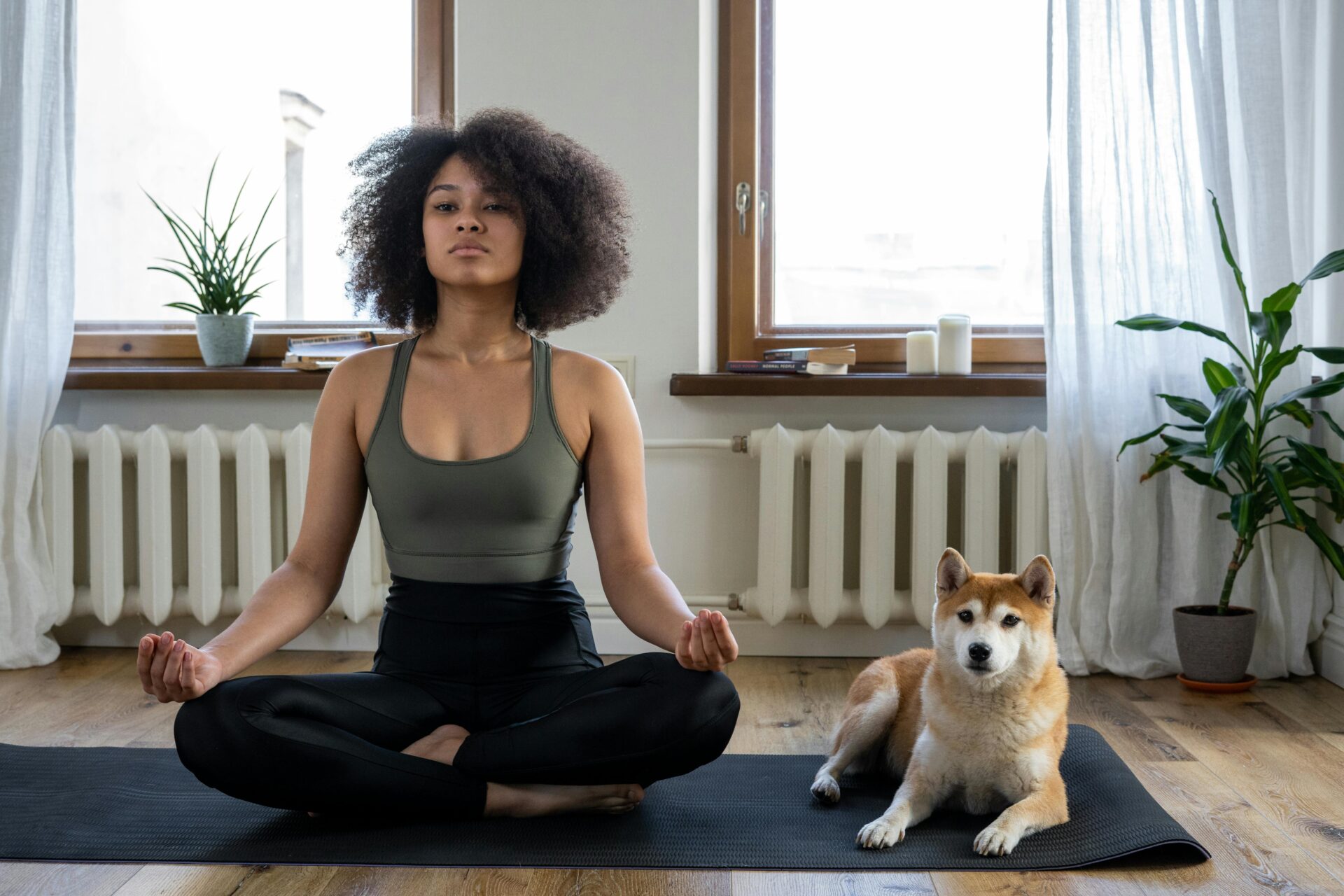 woman doing yoga at home with dog