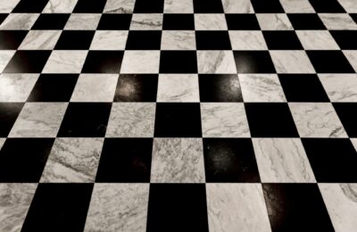 black and white tiled checkerboard floor