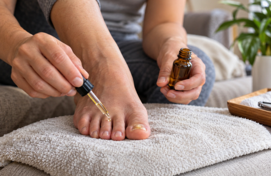 person applying oil to toenails